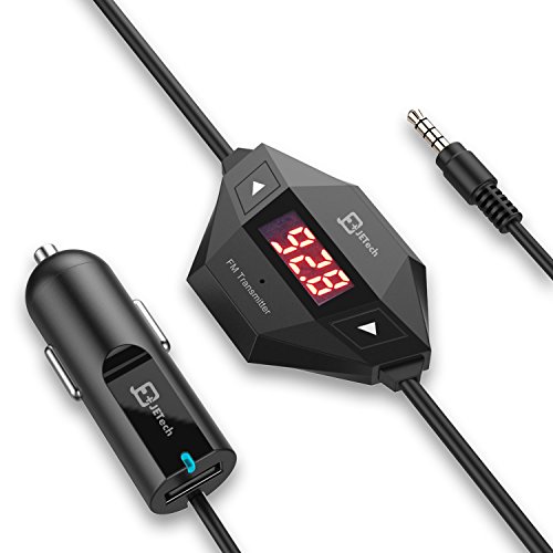 JETech Wireless FM Transmitter Radio Car Kit for Smart Phones Bundle with 3.5mm Audio Plug and Car Charger, Black