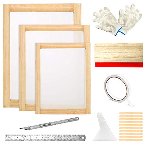 Arshvyl 19Pieces 3 Different Size Wood Printing Frame Accessories - 10 x 14 Inch, 10 x 8 Inch, 6 x 8 Inch, Screen Printing Starter Kit Includes Screen Printing Squeegee, Gloves and Carving Knife