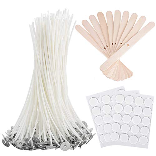 Bulk Candle Wicks 100 Pcs 6 inch with 60Pcs Candle Wick Stickers and 10 Pcs Wooden Candle Wick Centering Device for Soy Beeswax Candle Making