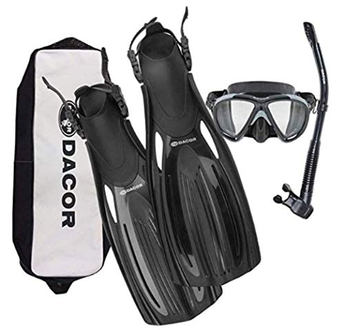 Dacor Mariner Scuba Diving & Snorkeling Package | Open Heel Fins, Mask & Semi-Dry Snorkel Set w Carry Bag | Pro Grade Performance & Comfort at Recreational Prices | Men & Women (Black, Extra Large)