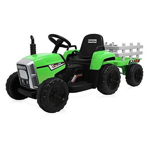 Kidzone Green 12V 7AH Kids Battery Powered Electric Tractor with Trailer Toddler Ride On Ground Loader w/ 2 Speeds 7-LED Lights USB & Bluetooth Audio Treaded Tires