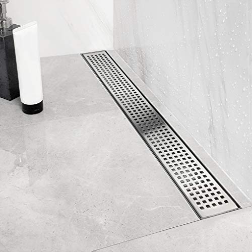 Neodrain 24-Inch Linear Shower Drain with Quadrato Pattern Grate,Professional Brushed 304 Stainless Steel Rectangle Shower Floor Drain Manufacturer,With Leveling Feet,Hair Strainer