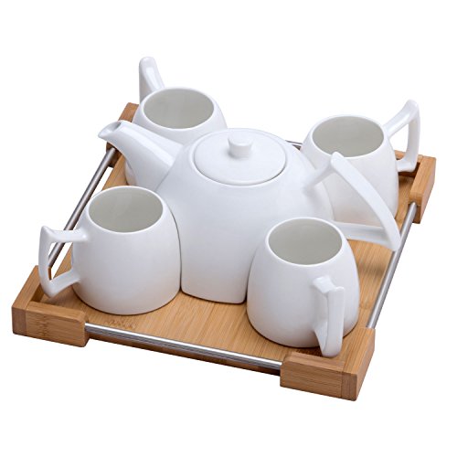 Mini Porcelain Tea Set - Ceramic Teapot Coffee Cup Set for Drinking Tea, Latte, Espresso, Water including White Tea Pot, 4 Cups, Bamboo Serving Tray