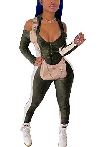 Womens Velvet One Piece Outfits - Zipper Jumpsuits Stretchy Bodycon Long Sleeve Bodysuit Club Night Out Sets Arm Green