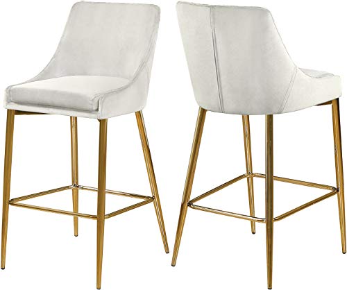 Meridian Furniture Karina Collection Modern | Contemporary Velvet Upholstered Counter Stool with Polished Gold Metal Legs and Foot Rest, Set of 2, Cream