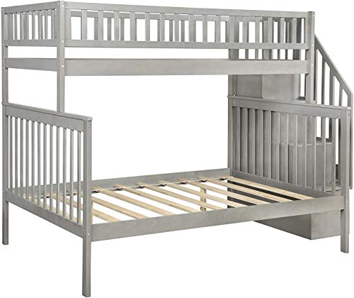 Bunk Bed,Queen-Over Full Stairway Bunk Bed with Storage and Trundle Bed, No Box Spring Required, grey1