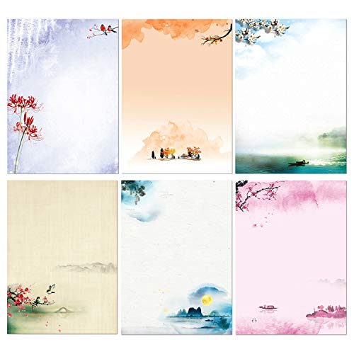 Stationary Set Japanese Stationery Letter Writing Paper, 48 Pack Stationary paper and envelopes set Ink Painting Design - 48 Stationary papers + 24 Envelopes