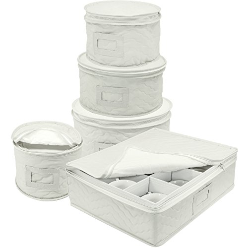 Sorbus Dinnerware Storage 5-Piece Set for Protecting or Transporting Dinnerware — Service for 12 — Round Plate and Cup Quilted Protection, Felt Protectors for Plates, Fine China Case (Beige)