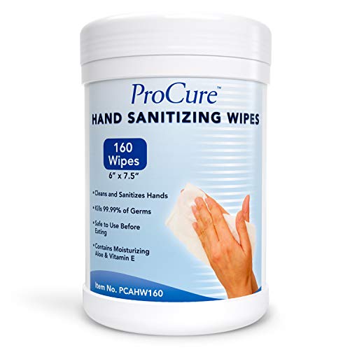 ProCure Hand Sanitizing Wipes Canister – 160 Wipes - Moisturizing Formula with Aloe and Vitamin E - Kills 99.99% of Germs – Safe Before Eating - 5.5' x 7.9' Antiseptic Cleansing Cloths