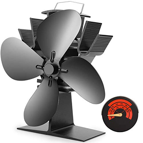 CWLAKON Heat Powered Stove Fan-2020 Upgrade Designed Silent Operation 4 Blades with Stove Thermometer for Wood/Log Burner/Fireplace-Eco Friendly and Efficient Heat Distribution(Black)