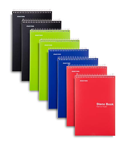 Mintra Office Steno Book - 6x9 - Primary Colors 8 Pads/Pack - Narrow Ruled-Poly (Assorted Color Covers) 100 Sheets - Notebook for writing notes in school, university, college, work, office