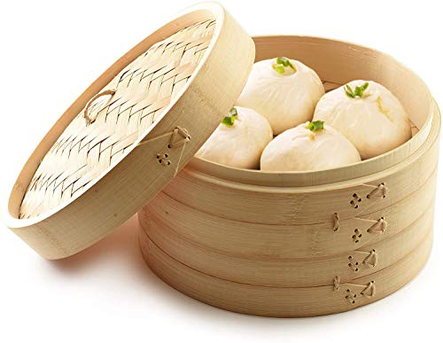 Bamboo Steamer 10 Inch, 2 Tiers Chinese Food Steamers, Traditional Design Healthy Cooking for dumplings, vegetables, chicken, fish - Handmade Steam Basket Included 2 Gauze Liners and Chopsticks