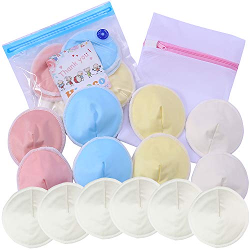 Organic Bamboo Nursing Breast Pads – Reusable Breastfeeding Pads, Washable Nursing Pads, Contoured, Waterproof, Maternity Bra Pads, Pack of 14, with Laundry Bag