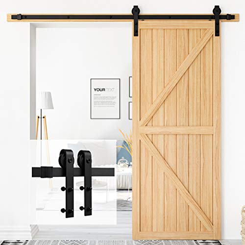 Homlux 6.6ft Heavy Duty Sturdy Sliding Barn Door Hardware Kit Single Door - Smoothly and Quietly - Simple and Easy to Install - Fit 1 3/8-1 3/4' Thickness Door Panel(Black)(J Shape Hangers)