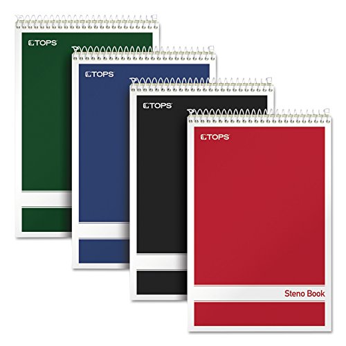 TOPS Steno Books, 6' x 9', Gregg Rule, Green Tint Paper, Assorted Color Covers, 80 Sheets, 4 Pack (80221)