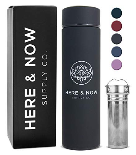 Multi-Purpose Travel Mug and Tumbler | Tea Infuser Water Bottle | Fruit Infused Flask | Hot & Cold Double Wall Stainless Steel Thermos | EXTRA LONG INFUSER | by Here & Now Supply Co. (Zen Black)