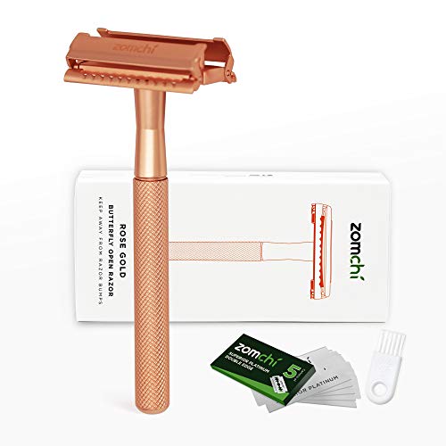 Butterfly Open Safety Razor for Women, Safety Razor with 5 Blades, Women Razor with a Delicate Box, Fits All Double Edge Razor Blades,Free of Plastic (Rose Gold)