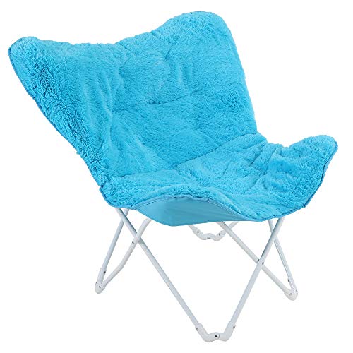 ALPHA HOME Saucer Moon Chair Butterfly Chair Soft Faux Fur Folding Chair with Cushion Wide Seat Lightweight Oversized Portable Chair Perfect for Living Room Lounging, Dorms or Any Room, Blue