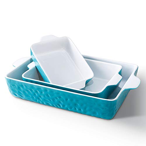 IPOW 3-Piece Ceramic Baking Dish, Value Three Pack Thick Porcelain Rectangular Oven to Table Bakeware Cookware Set Casserole Dishes Lasagna Pans for Cooking & Serving, Dishwasher Safe, Aquamarine