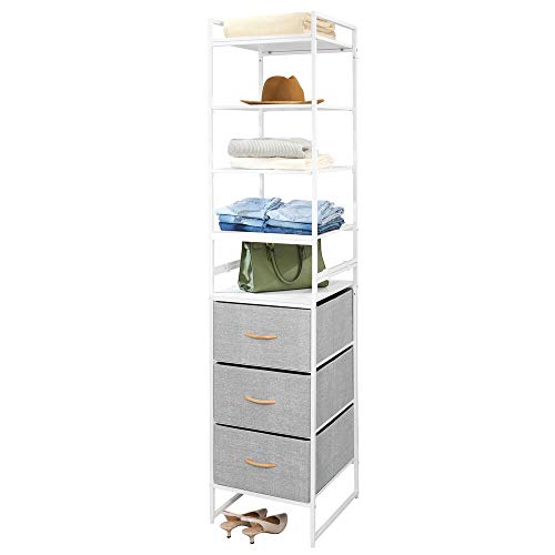 mDesign Modular Closet Organizer System, Vertical Storage Unit - Steel Frame, Easy Pull Fabric Bins for Bedroom, Hallway, Entryway, Closets, Textured Print - 3 Drawers, 5 Shelves - Gray/White