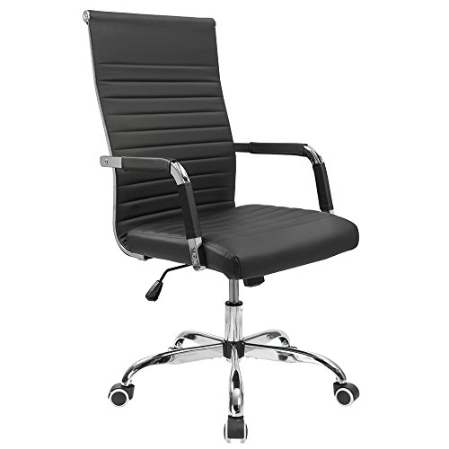 Furmax Ribbed Office Desk Chair Mid-Back PU Leather Executive Conference Task Chair Adjustable Swivel Chair with Arms (Black)