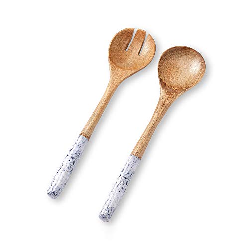 Salad Servers or Salad Tongs, Wooden Utensils for Serving Salad, 12-inch Spoon and Fork Set, Mango Wood, Blue Servers