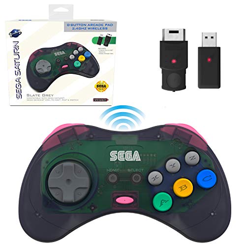 Retro-Bit Official Sega Saturn 2.4 GHz Wireless Controller 8-Button Arcade Pad for Sega Saturn, Sega Genesis Mini, Switch, PS3, PC, Mac - Includes 2 Receivers & Storage Case (Slate Gray)