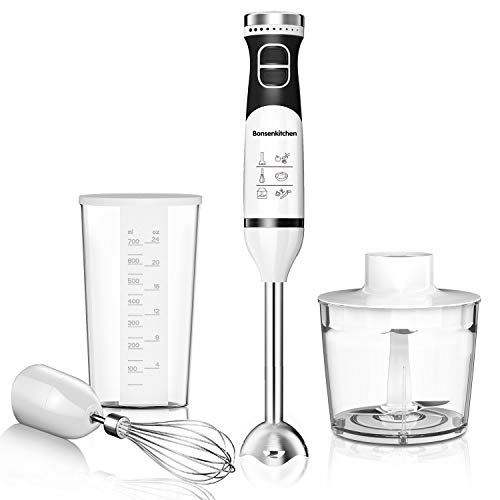 Bonsenkitchen 225W Turbo 9 Speed Immersion Hand Blender Handheld Energy Saving, Stick Blender with Whisk, Chopper/Grinder Bowl, Mearsuring Mug Attachment, Emulsion Mixer For Smoothies, Purée, Sauce