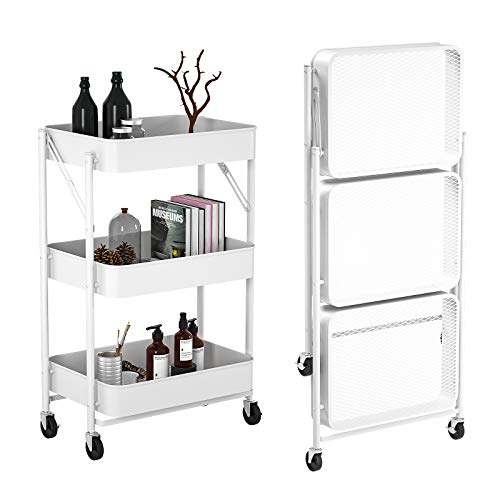 Witacles 3 Tier Rolling Utility Cart - No Need to Install - Folding Mobile Storage Organizer - 100% Carbon Metal Design- Locking Casters/Wheels with 4 Hooks - for Kitchen, Bathroom, Office (White)