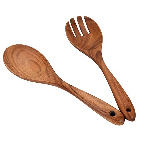 Wooden Acacia Salad Servers 10-inch, Set of 2, Salad Spoon and Fork Set, 100% Natural Hand Carved Wooden Utensils for Serving Salad