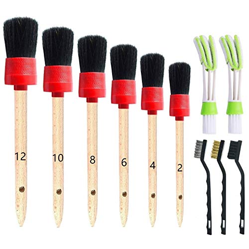 ONEST 11 Pieces Auto Detailing Brush Set for Cleaning Wheels, Interior, Exterior, Leather, Including 6 pcs Premium Detail Brush (Black), 3 pcs Wire Brush and 2 pcs Automotive Air Conditioner Brush