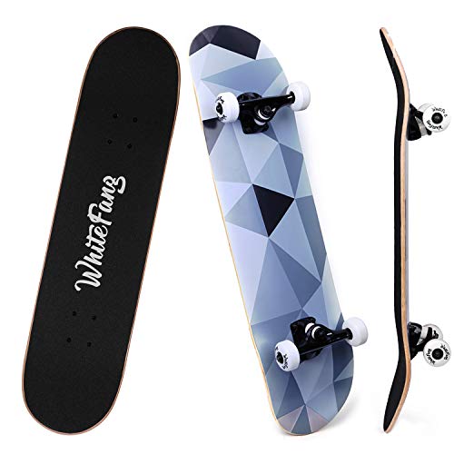 WhiteFang Skateboards for Beginners, Complete Skateboard 31 x 7.88, 7 Layer Canadian Maple Double Kick Concave Standard and Tricks Skateboards for Kids and Beginners (Diamond)