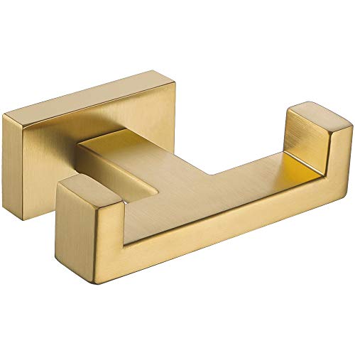Double Robe Hook, APLusee SUS304 Stainless Steel Square Towel Holder, Modern Bathroom Accessories Utility Dual Coat Clothes Hanger, Brushed Gold