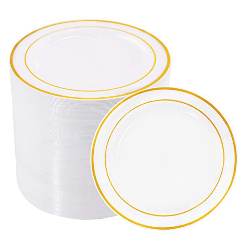 BUCLA 100Pieces Gold Plastic Plates -6.25inch Disposable Salad/Dessert Plates- White with Gold Rim Premium Hard Plastic Appetizer Plates/Small Cake Plates for Weddings& Parties