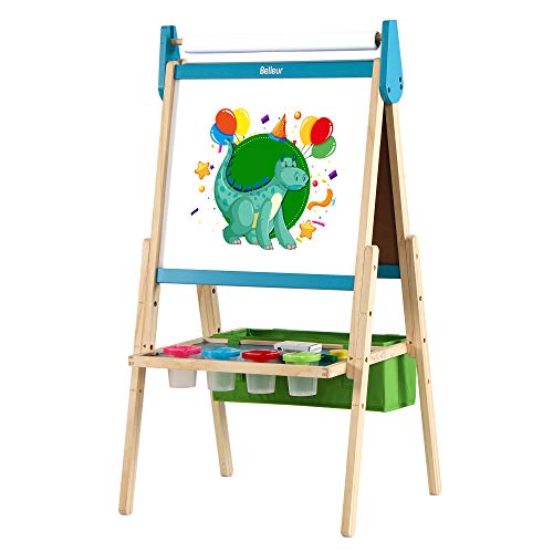 Belleur Kids' Easel with Paper Roll, Standing Easel with Magnetic Dual-sided Chalkboard & Whiteboard, Three Adjustable Heights for 3-7 Years Old, Magnetic Letters, Chalks, Paint Pots for Toddlers-Blue