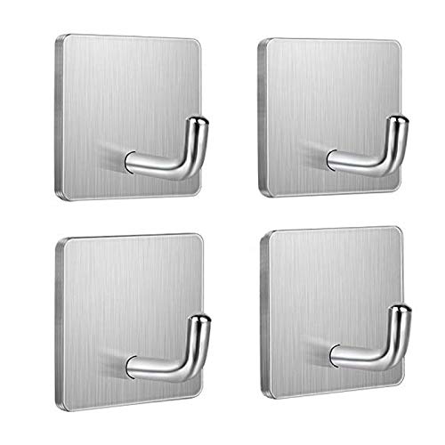 Budding Joy Adhesive Hooks Heavy Duty Stick on Wall Door Cabinet Stainless Steel Towel Coat Clothes Hooks Self Adhesive Holders for Hanging Kitchen Bathroom Home 4 Pack