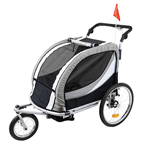Clevr Deluxe 3-in-1 Double 2 Seat Bicycle Bike Trailer Jogger Stroller for Kids Children | Foldable w/Pivot Front Wheel, Grey