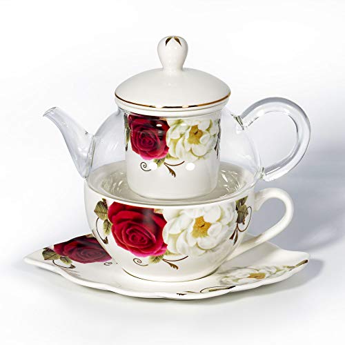 Kendal Glass Teapot with Porcelain Infuser, Cup and Saucer Set,Teapot and Teacup for One TC-BLMG01