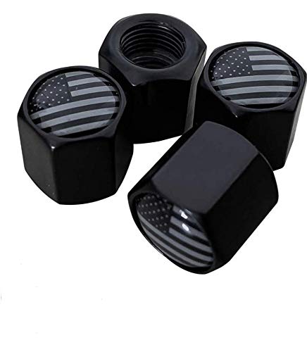 Tactilian Valve Stem Cap - Black Subdued Aluminum with Rubber Ring Tire Wheel Rim Dust Cover fits Cars, Trucks, Bikes, Motorcycles, Bicycles - (4 Pack) (American Flag)