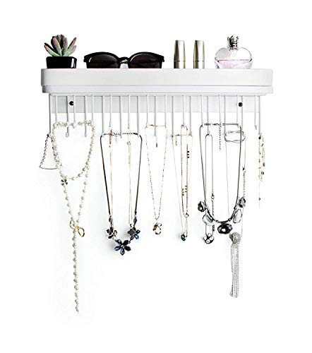 JACKCUBE DESIGN Hanging Jewelry Organizer Necklace Hanger Bracelet Holder Wall Mount Necklace Organizer with 25 Hooks(White/16.38 x 4.88 x 2.93 inches) - :MK124C