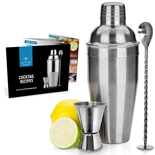 Professional Cocktail Shaker with Accessories - Sleek Martini Shaker with Measuring Jigger & Mixing Spoon - Drink Shaker Bar Set Built-In Strainer - 24 Oz Shaker Set - Best Bar Ware - by Zulay Kitchen