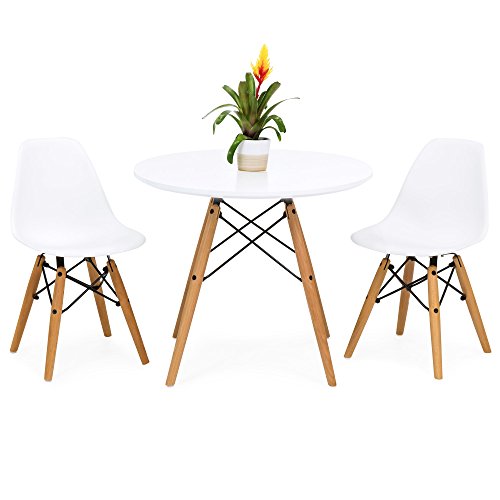 Best Choice Products Kids Mid-Century Modern Dining Room Round Table Set w/ 2 Armless Wood Leg Chairs - White