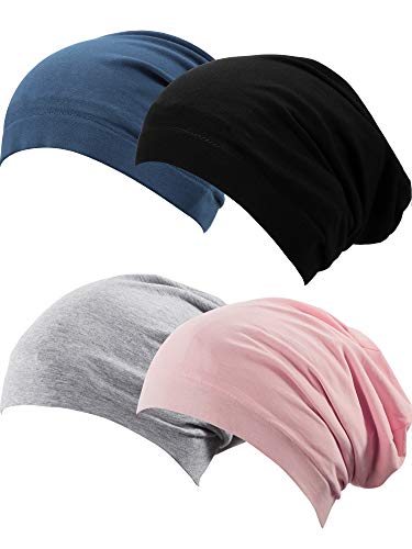 SATINIOR 4 Pieces Satin Lined Sleep Cap Hat Slouchy Beanie Slap Hat for Women (Black, Grey, Dark Blue, Pink)