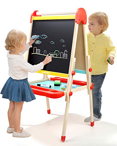 TOP BRIGHT Wooden Art Easel for Kids, Toddler Easel Adjustable with Paper Roll, Child Easel with Magnetic Chalkboard