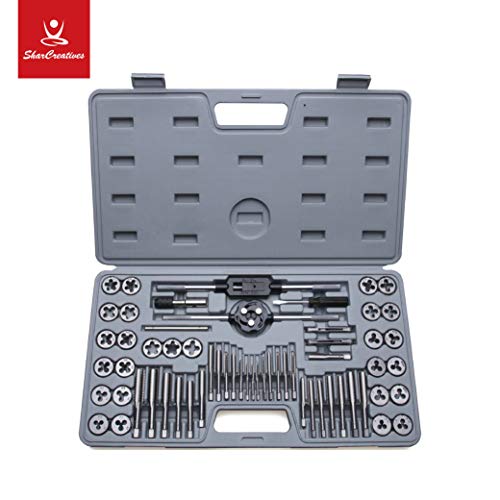 SharCreatives 60 Piece Metric & SAE Threading Tap & Die Tool Set Coarse and Fine Threads for Threading and Re-threading with Accessories and Storage Case