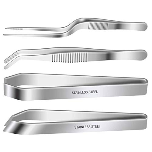 4 Pieces Fish Bone Tweezers Set, Two 4.6' Stainless Steel Tweezer and Two 5.5' Tongs for Cooking Food Design styling.