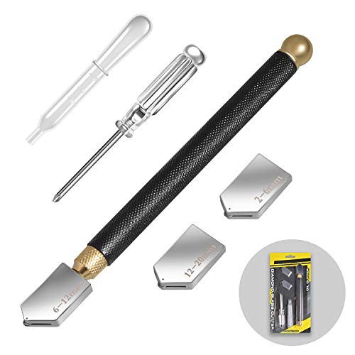 Glass Cutter Tool Set 2mm-20mm Pencil Style Oil Feed Carbide Tip with 2 Bonus Blades and Screwdriver