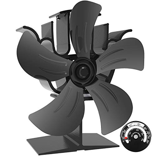 X-cosrack 5 Blades Heat Powered Stove Fan for Wood Log Burner Fireplace Slient Eco-Frienly Fan with Magnetic Thermometer Aluminium Black
