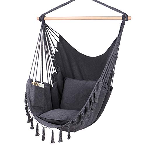 Y- STOP Hammock Chair Hanging Rope Swing-Max 330 Lbs-2 Cushions Included-Large Macrame Hanging Chair with Pocket- Quality Cotton Weave for Superior Comfort & Durability (Grey)