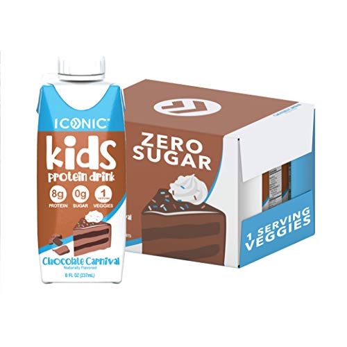 Iconic Kids Protein Shake, 8oz (12 Pack) | Zero Sugar, Vitamin D3, Organic Veggies & 8g Grass Fed Whey Protein | Lactose Free, Soy Free, Gluten Free | Healthy Snacks for Kids (Chocolate Carnival)